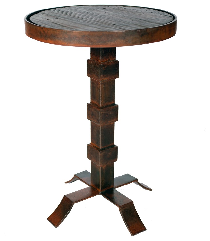 Round Iron Accent Table with Reclaimed Dark Wood Top