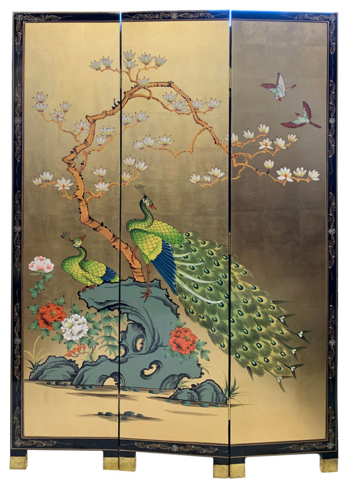 Oriental Folding Screen With Royal Peacock Gold Leaf Asian Screens And Room Dividers by