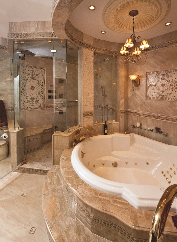 Photo of a mid-sized mediterranean master bathroom in New York with mosaic tile, a hot tub, beige walls, ceramic floors, brown tile and a corner shower.
