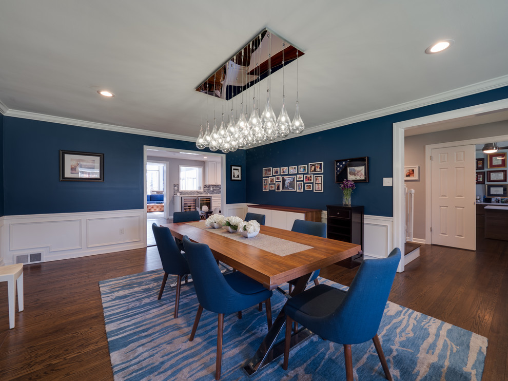 Inspiration for a large transitional separate dining room in Philadelphia with blue walls, dark hardwood floors, a standard fireplace, a stone fireplace surround and brown floor.