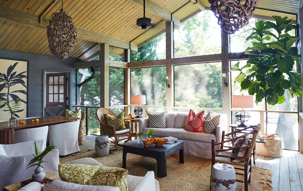 Large beach style back porch idea in Birmingham with decking and a roof extension