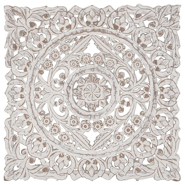 Rustic Carved Floral Medallion Design On Wooden Wall Panel