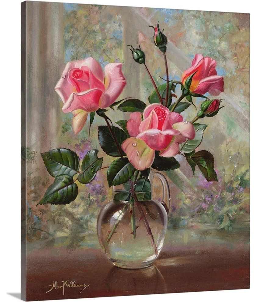 Madame Butterfly Roses In A Glass Vase Wrapped Canvas Art Print