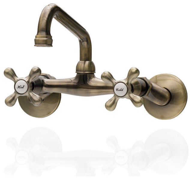 Antique Style Brass Wall Mount Farm Faucet Adjustable Centers Cross Handles