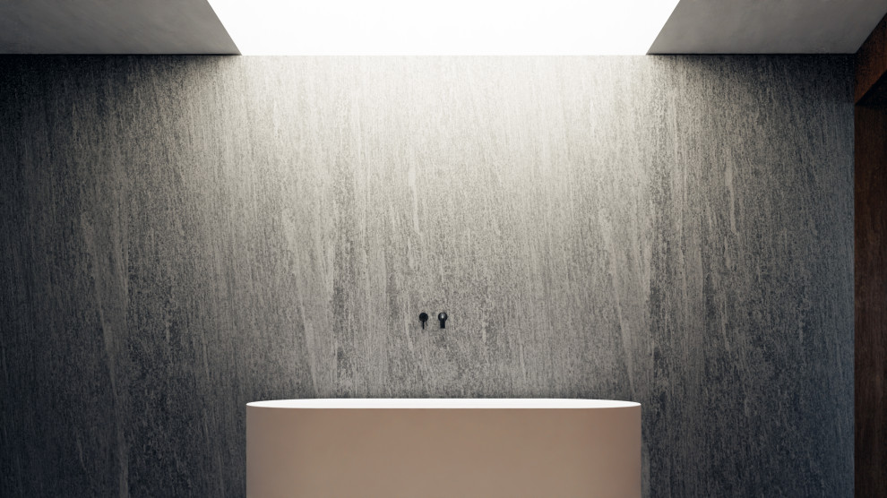 На фото: огромный главный совмещенный санузел в стиле модернизм с плоскими фасадами, темными деревянными фасадами, отдельно стоящей ванной, открытым душем, инсталляцией, серой плиткой, плиткой из листового камня, серыми стенами, полом из керамогранита, накладной раковиной, столешницей из плитки, серым полом, открытым душем, серой столешницей, тумбой под две раковины, встроенной тумбой и деревянными стенами с