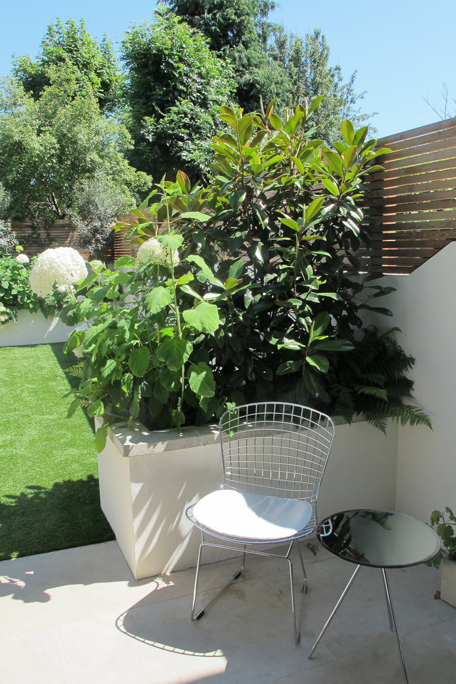 Photo of a small contemporary backyard full sun garden for summer in London with natural stone pavers.