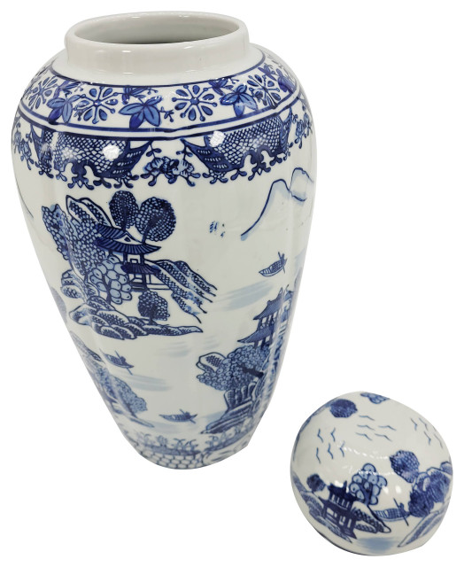 16" Blue And White Chinoiserie Ceramic Jar - Asian - Decorative Jars