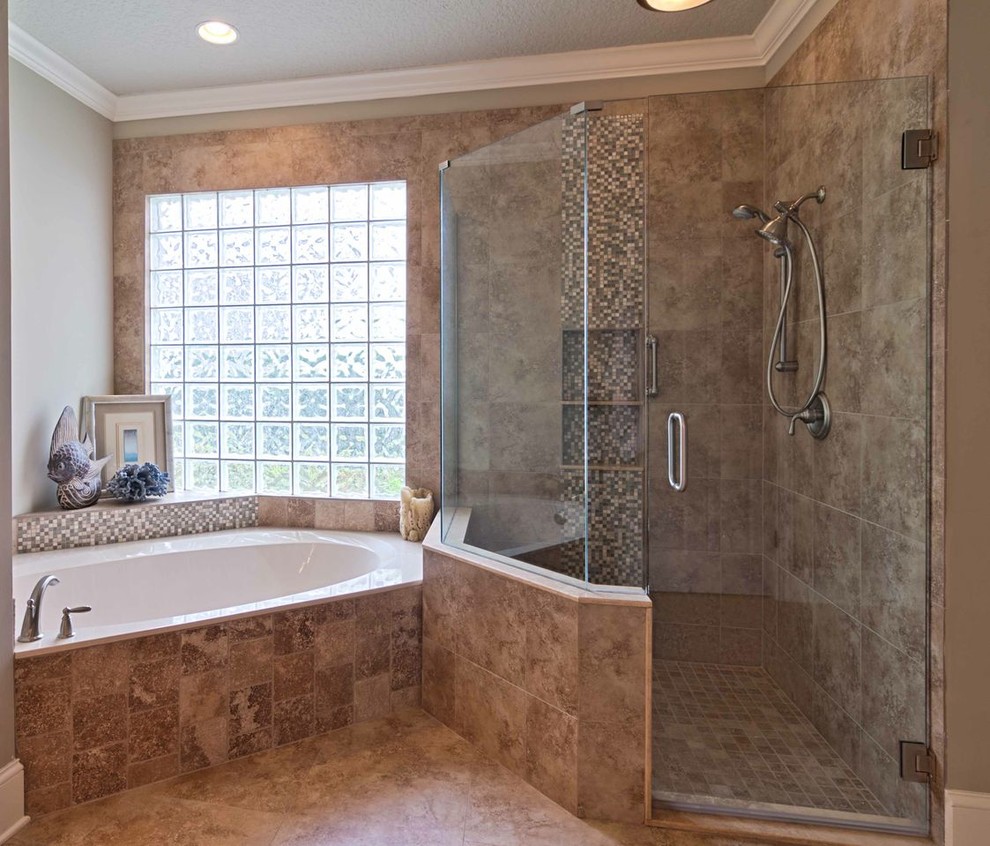 Design ideas for a large traditional bathroom in Jacksonville with raised-panel cabinets, white cabinets, a corner tub, an alcove shower, a two-piece toilet, gray tile, porcelain tile, grey walls, ceramic floors, an undermount sink, multi-coloured floor, a hinged shower door and yellow benchtops.