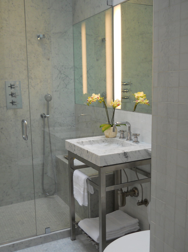 Inspiration for a small contemporary 3/4 bathroom in San Francisco with a vessel sink, marble benchtops, a double shower, a one-piece toilet, white tile, glass tile, white walls, marble floors and open cabinets.