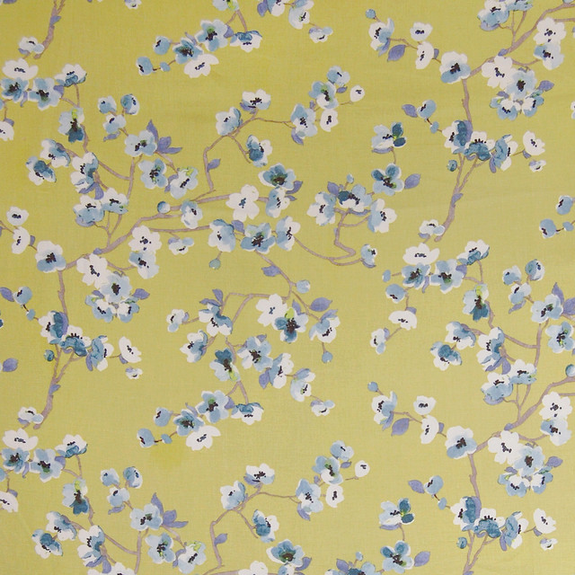 Green Tea Blue Yellow Green Asian Floral Linen Print Upholstery Fabric