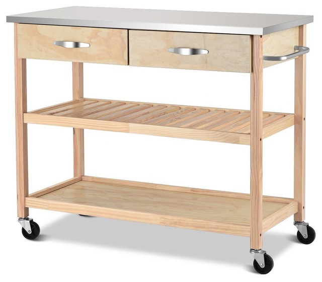 Modern Rolling Kitchen Trolley Cart Island With Stainless Steel Countertop Transitional