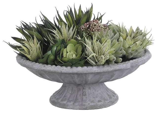 Lifelike Succulent Arrangement In Decorative Footed Bowl