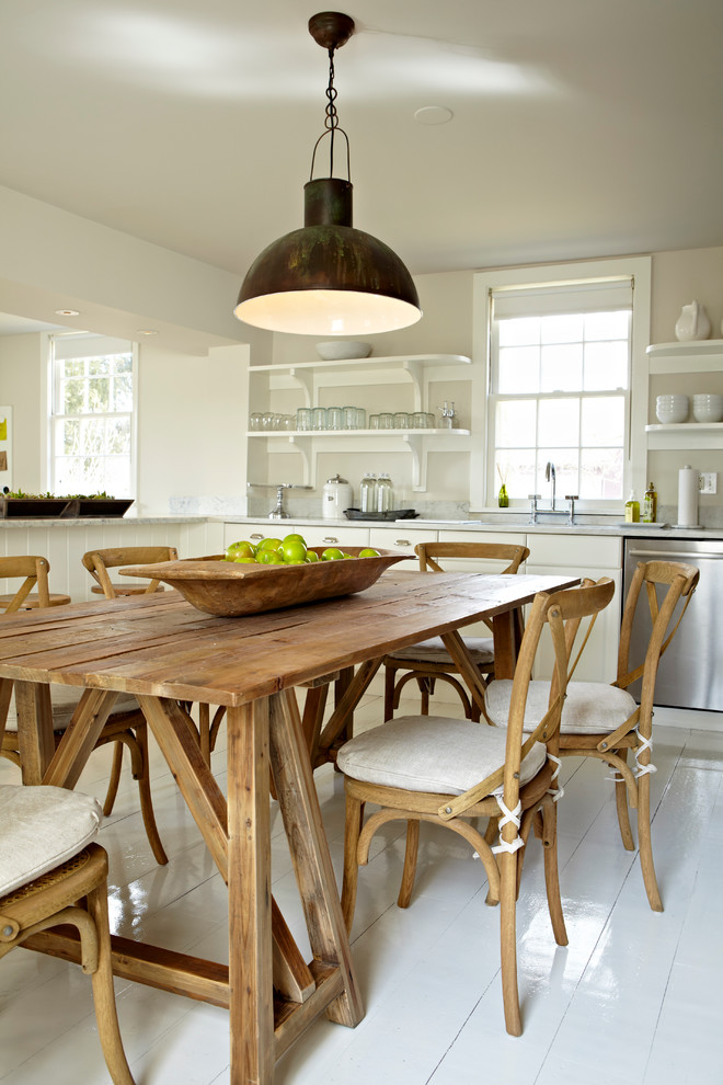 Farmhouse eat-in kitchen photo in New York with open cabinets, white cabinets and stainless steel appliances