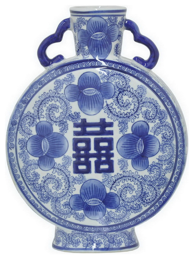 Blue and White Porcelain Vase, Happiness, 13" H Asian Vases by
