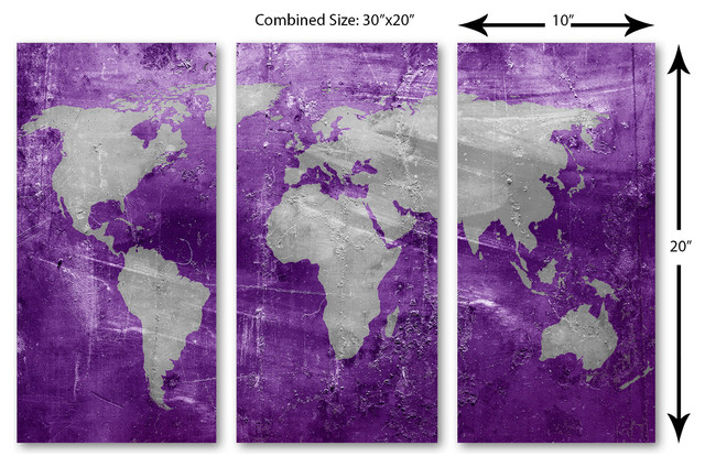Purple and Silver World Map Canvas Print 3 Panel Split, Triptych Wall ...