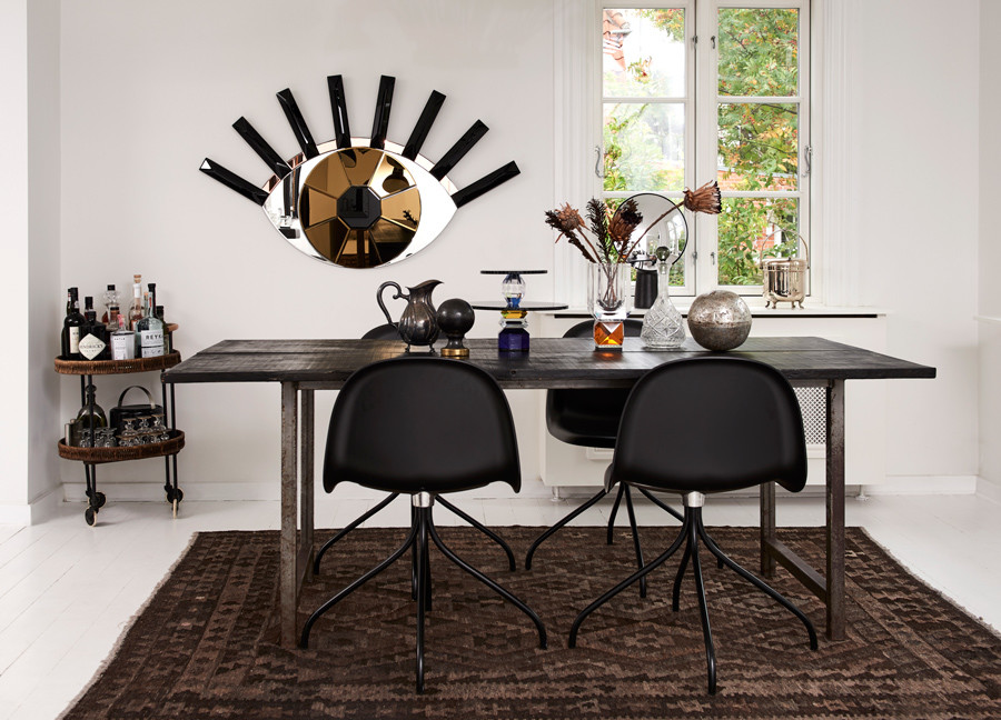 This is an example of an eclectic dining room in Copenhagen with white walls, painted wood floors and white floor.