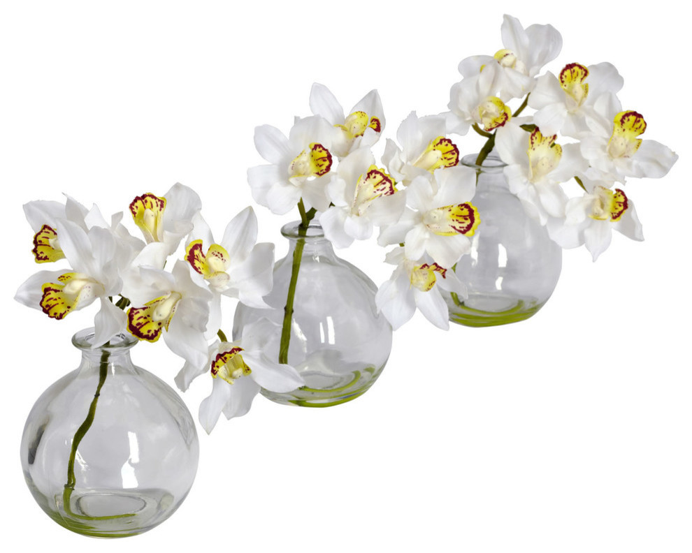 Cymbidium With Vase Silk Flower Arrangement, Set of 3
