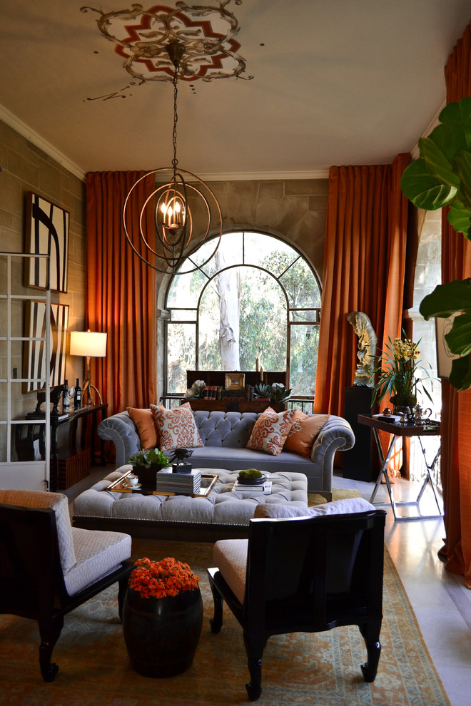 Inspiration for a mid-sized timeless formal and open concept ceramic tile living room remodel in Los Angeles with beige walls