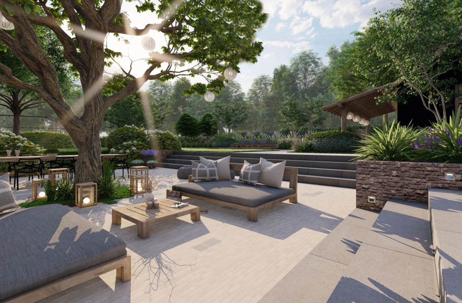 Проект участка с озером, бассейном и большой патио-зоной у дерева