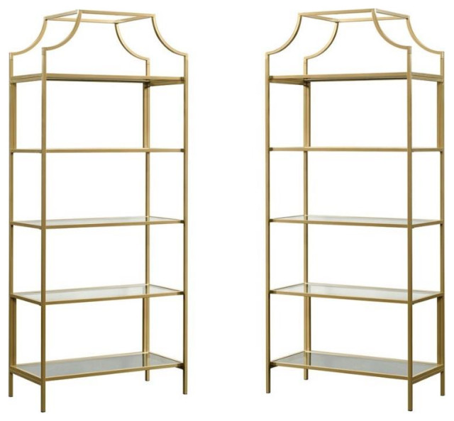 Home Square Contemporary 2 Piece Metal Bookcase set in Satin Gold