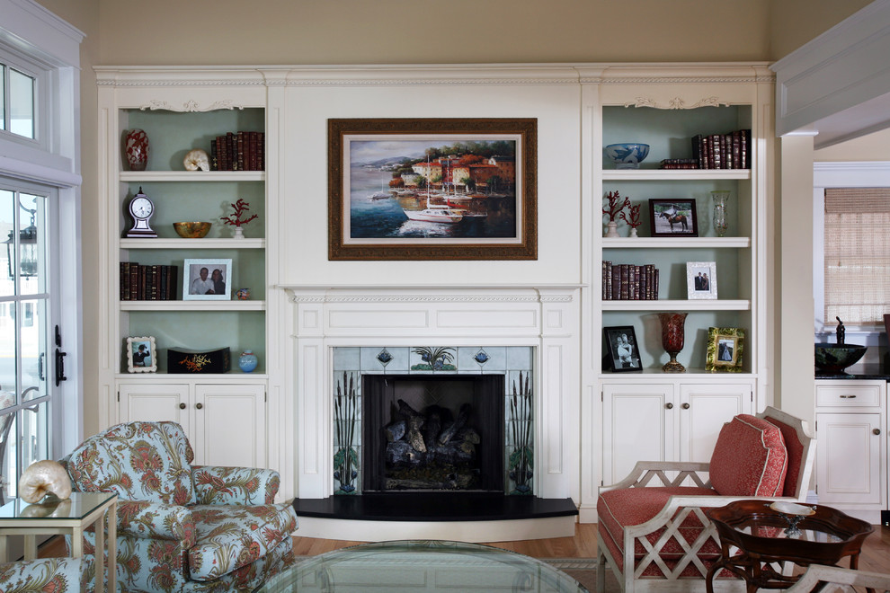 This is an example of a beach style enclosed living room in Philadelphia with a standard fireplace.