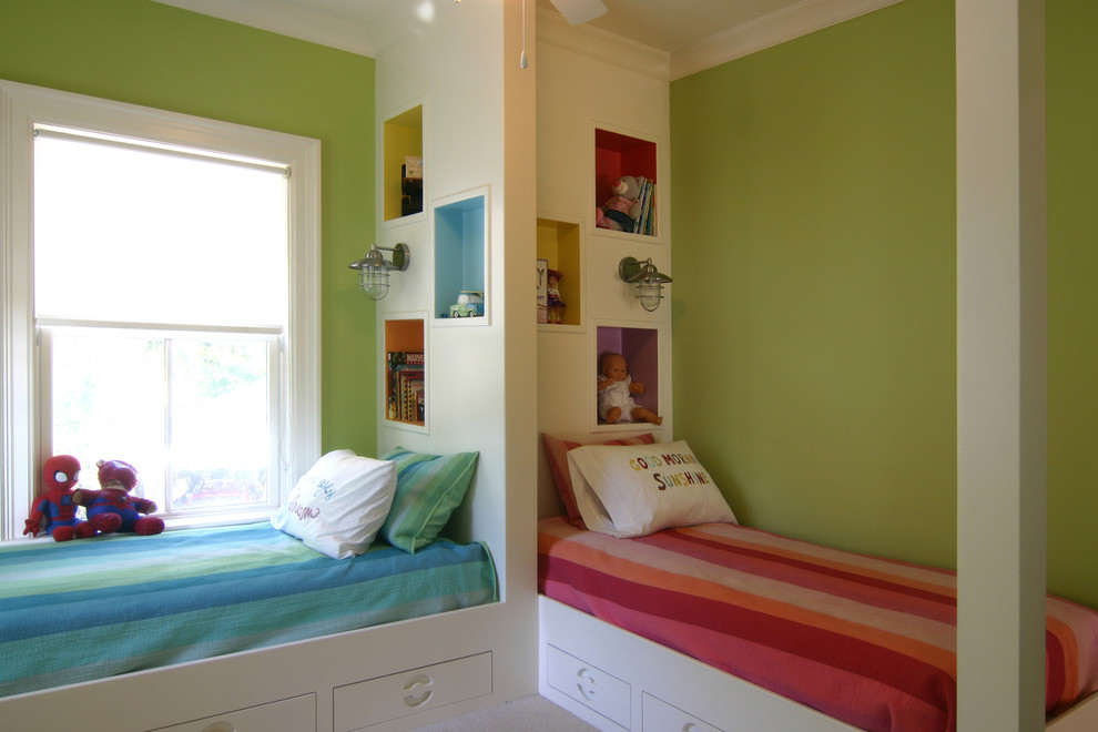Design ideas for a mid-sized contemporary gender-neutral kids' bedroom for kids 4-10 years old in Charleston with green walls and carpet.