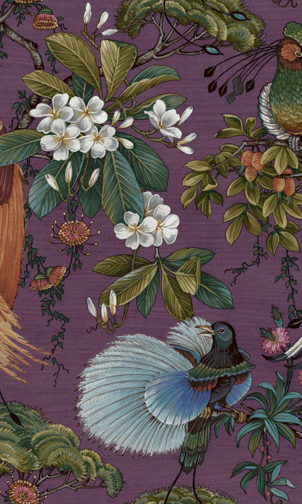 Painted Oriental Birds and Trees Tropical Wallpaper, Plum, Double Roll