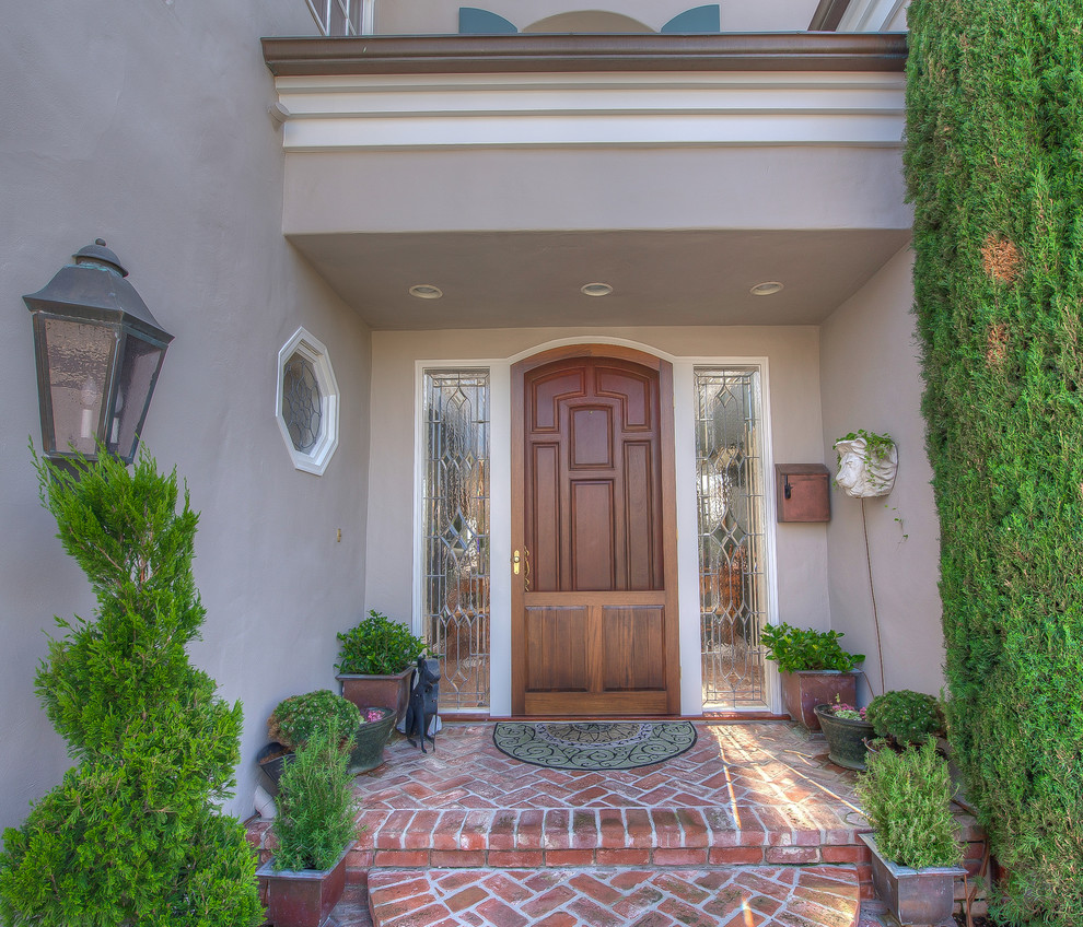 This is an example of a large transitional front door in Orange County with beige walls, a single front door and a dark wood front door.