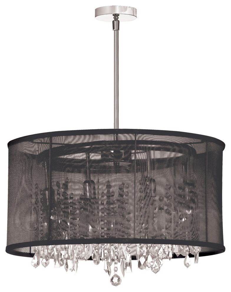 8Light Crystal Chandelier, Black Organza Drum Shade Chandeliers by