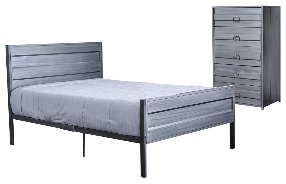 Industrial 2 Pieces Bedroom Set, Full Bed and Vertical Dresser, Brushed