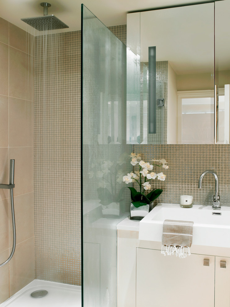 Inspiration for a contemporary bathroom in London with an open shower and an open shower.