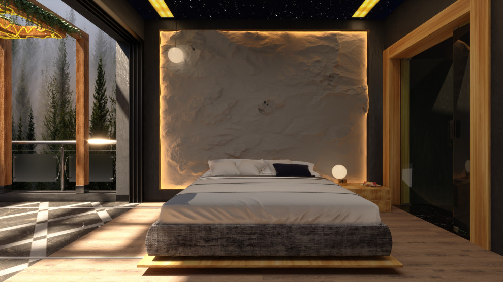 Modelo de dormitorio principal minimalista con paredes negras, suelo de contrachapado, chimenea de esquina, marco de chimenea de piedra, suelo multicolor y papel pintado
