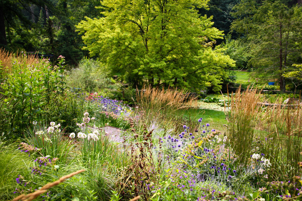 Foto di un grande giardino moderno esposto in pieno sole dietro casa in estate con pavimentazioni in pietra naturale