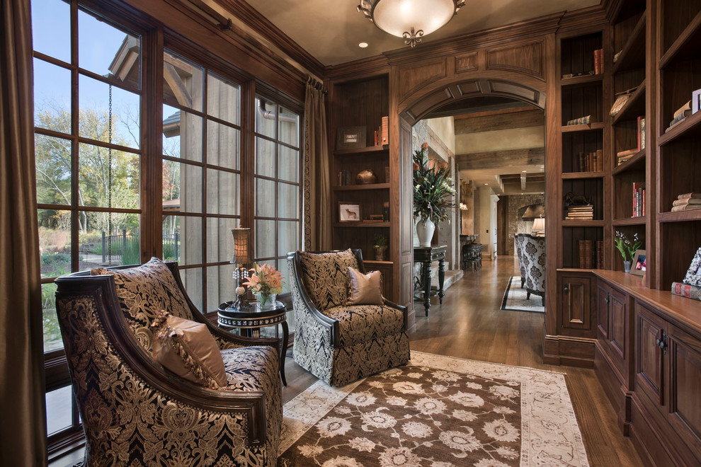 Mountain style dark wood floor home office photo