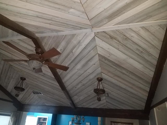 Herringbone Pattern Wood Ceiling Rustic Living Room