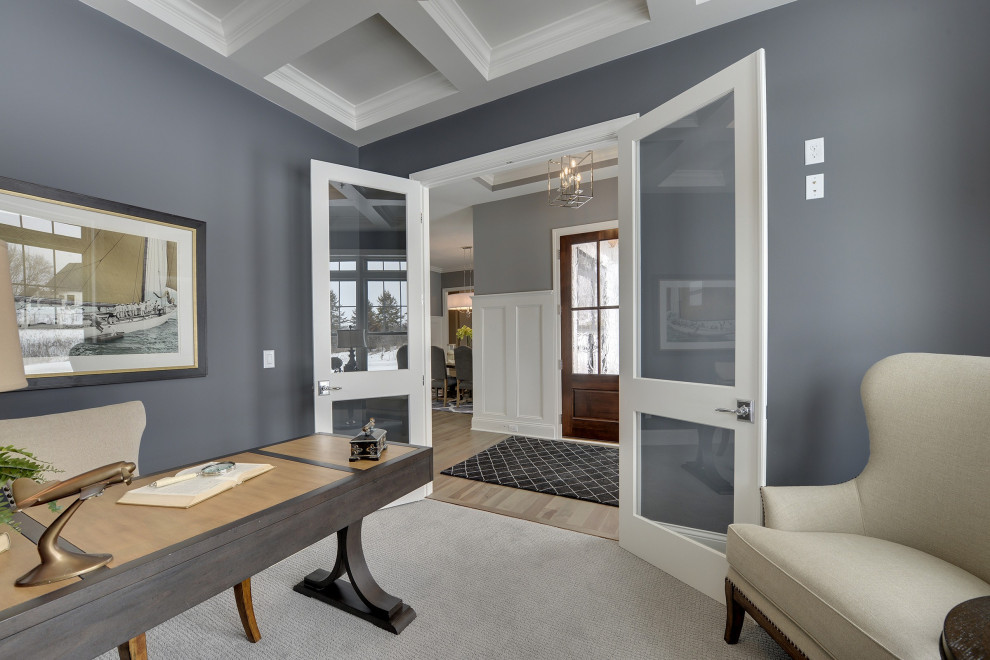 Mid-sized transitional study room in Minneapolis with grey walls, carpet, a freestanding desk, grey floor and coffered.