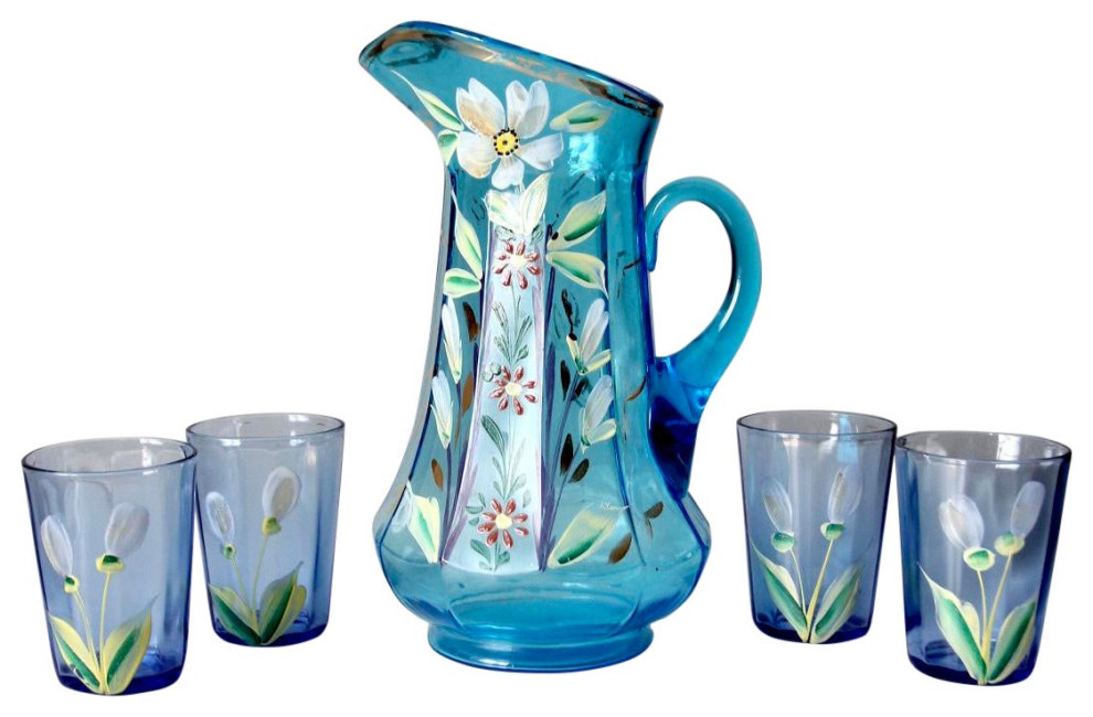 Consigned, Antique Hand Painted Glass Pitcher Set