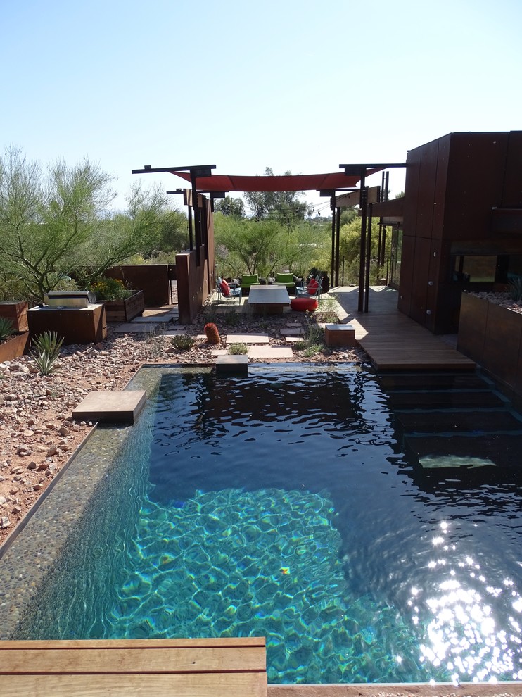 This is an example of a large industrial backyard rectangular natural pool in Phoenix.