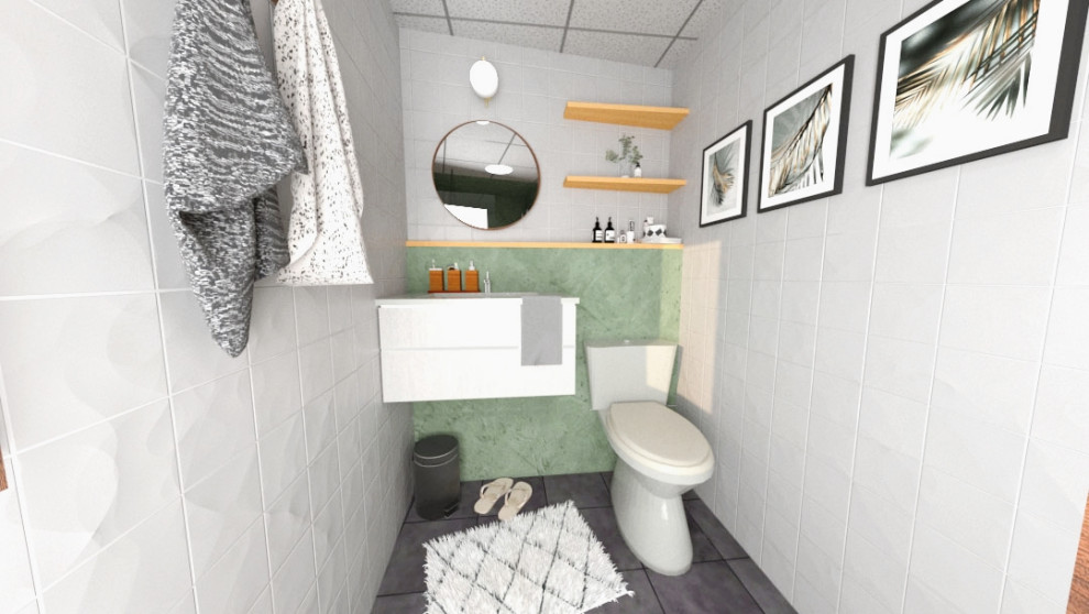 Свежая идея для дизайна: маленькая, узкая и длинная ванная комната в современном стиле с душем без бортиков, унитазом-моноблоком, белой плиткой, керамической плиткой, зелеными стенами, полом из винила, душевой кабиной, подвесной раковиной, столешницей из бетона, серым полом, открытым душем, зеленой столешницей и тумбой под одну раковину для на участке и в саду - отличное фото интерьера