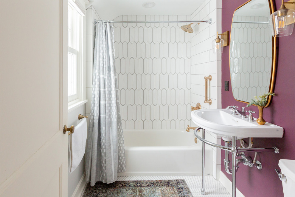 Mid-sized transitional white tile and porcelain tile porcelain tile and white floor alcove bathtub photo with a console sink