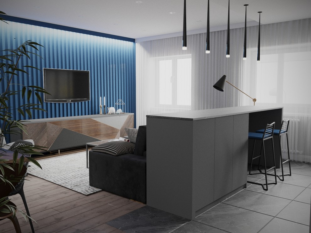 Кухня гостиная с синей стеной