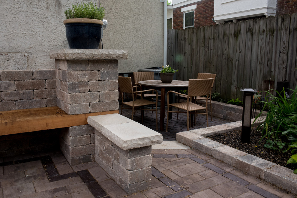 Design ideas for a small asian backyard patio in Columbus with a water feature and brick pavers.
