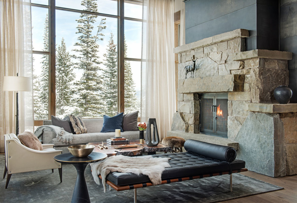 Living room - mid-sized rustic living room idea in Other with a standard fireplace, a stone fireplace and no tv