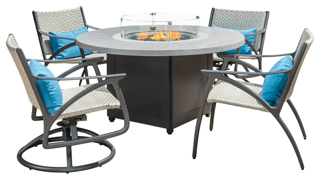 Amari 5 Piece Woven Swivel Chairs And Meridian Round Fire Table Set Tropical Outdoor Lounge Sets By Gensun
