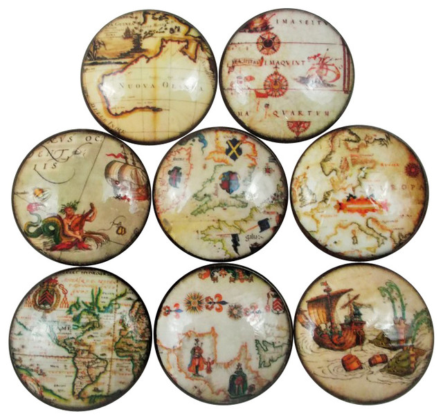 Old World Nautical Map Cabinet Knobs 8 Piece Set Beach Style