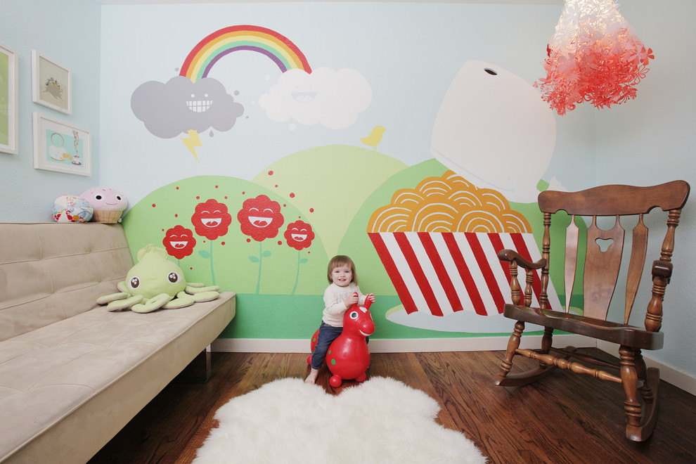 Design ideas for a transitional gender-neutral kids' room in Dallas with dark hardwood floors.