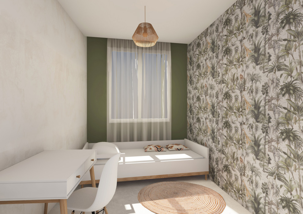 Idées déco pour chambre d'enfant for garçon With un mur vert, sol en béton ciré, un sol gris and du papier peint.
