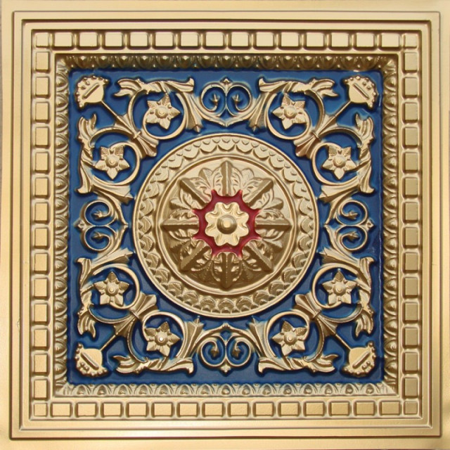 24"x24" 215 Decorative Coffered Drop In Ceiling Tiles, Gold/Navy Blue/Red