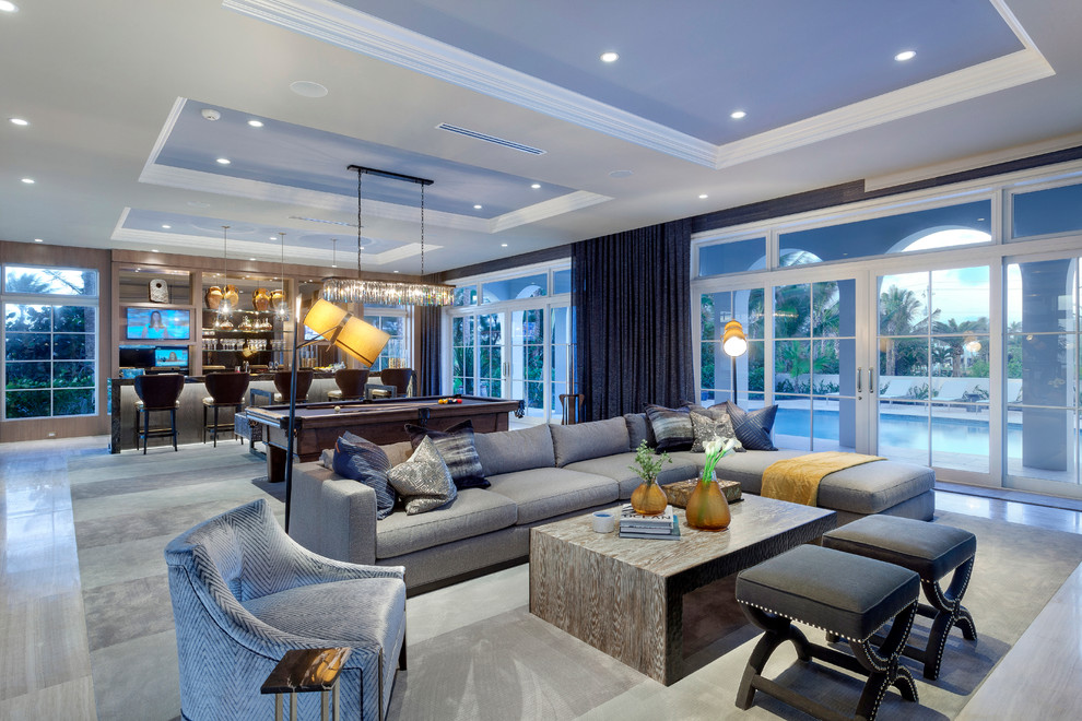 Expansive contemporary family room in Miami with carpet.