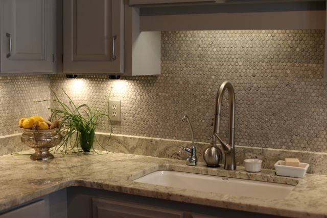 Kitchen - transitional kitchen idea with an undermount sink, recessed-panel cabinets, gray cabinets, quartz countertops, gray backsplash and ceramic backsplash